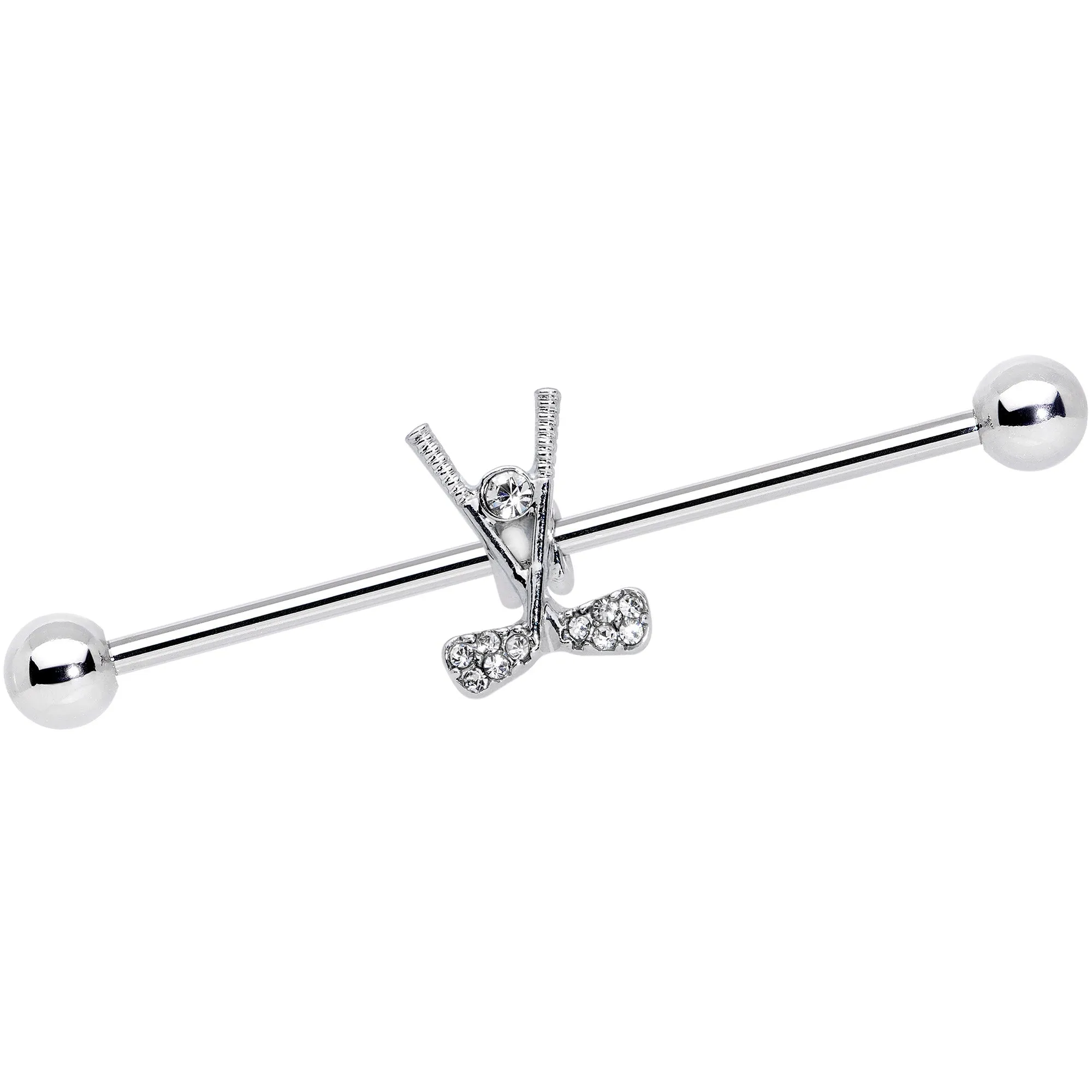 14 Gauge Clear CZ Gem Crossed Golf Clubs Industrial Barbell 38mm