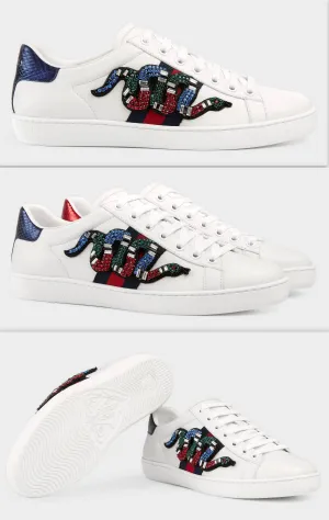 Ace Embroidered Low-Top Snake-Embellished Sneakers