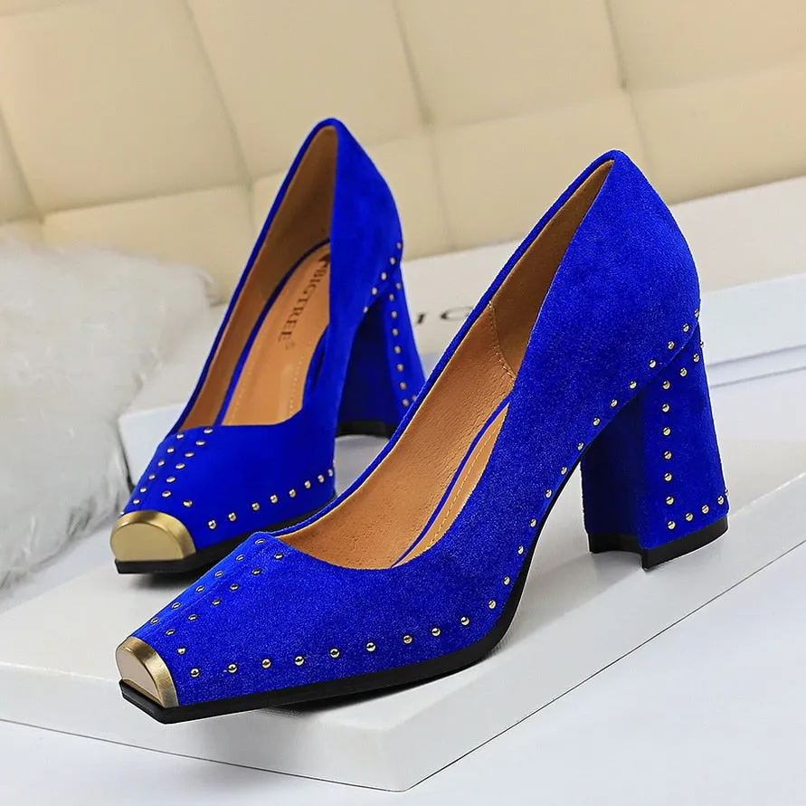 Amozae- Women 7.5cm High Heels Lady Escarpins Chunky Rivets Lady Block Block Low Heels Square Toe Office Blue Yellow Studded Shoes