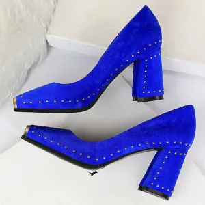 Amozae- Women 7.5cm High Heels Lady Escarpins Chunky Rivets Lady Block Block Low Heels Square Toe Office Blue Yellow Studded Shoes