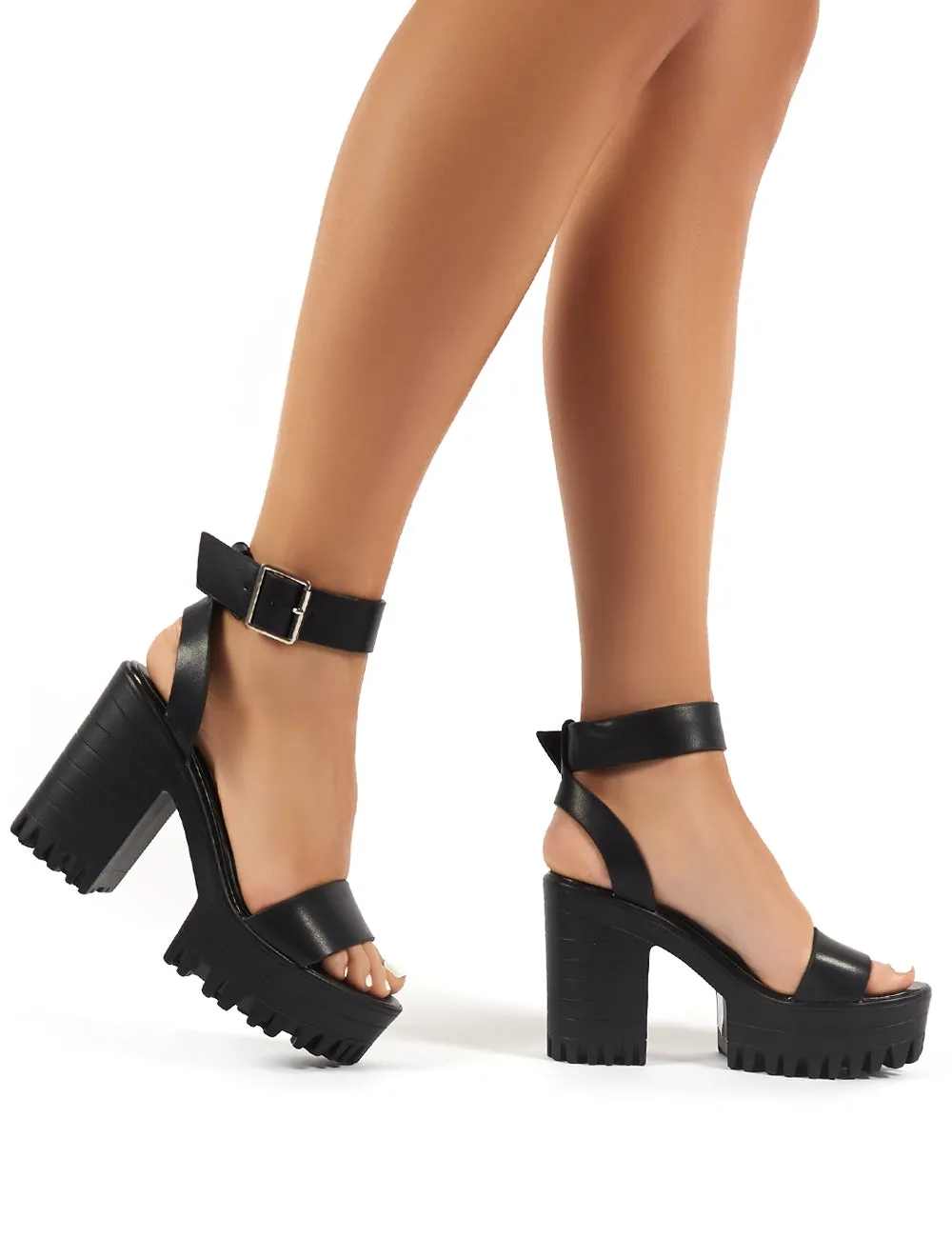 Avenue Black Cleated Sole Platform Block High Heels