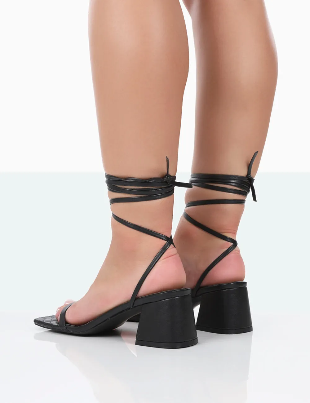 Babeass Black Pu Sqaure Toe Lace Up Block Mid Heeled Sandals