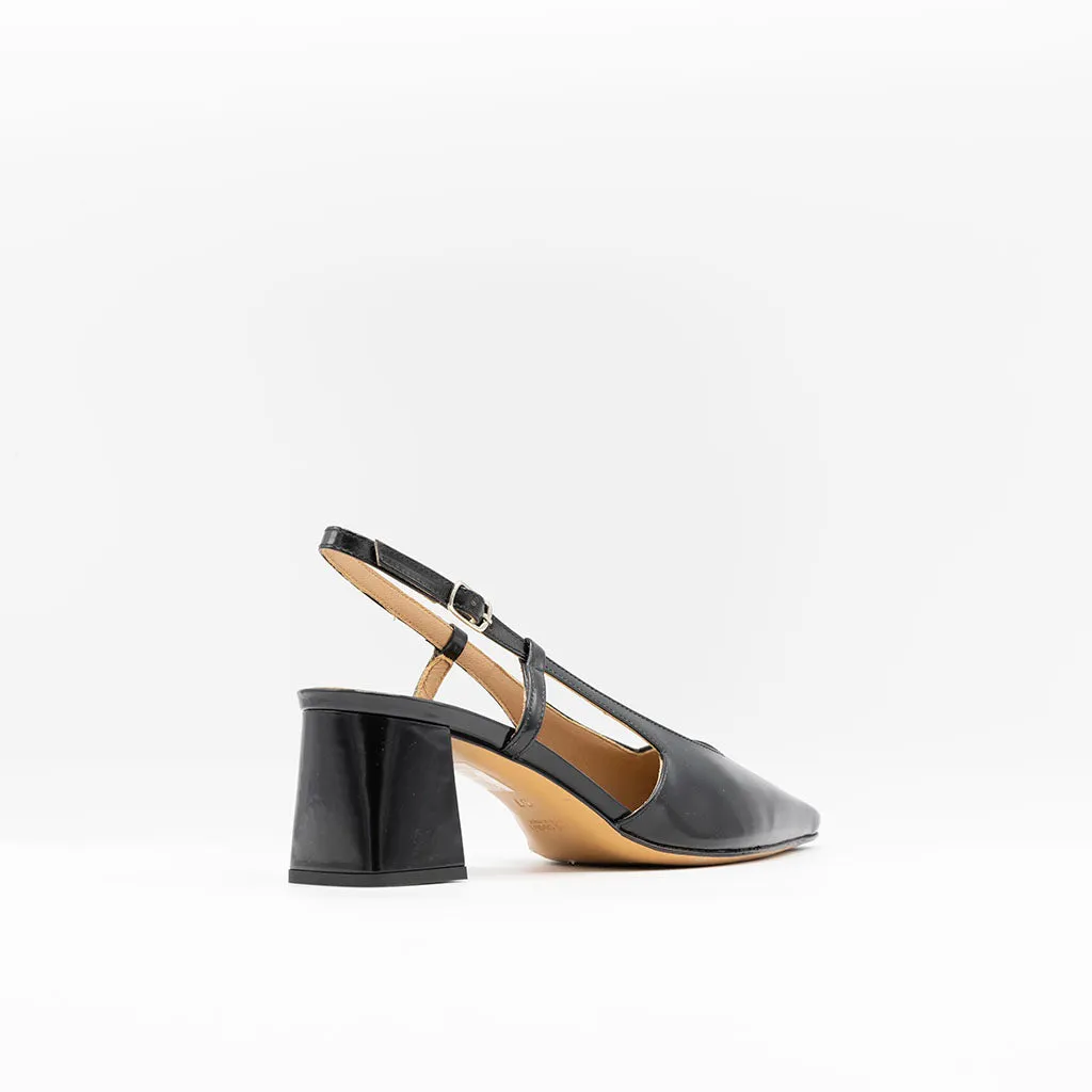 Block Heeled Slingback in Black Patent