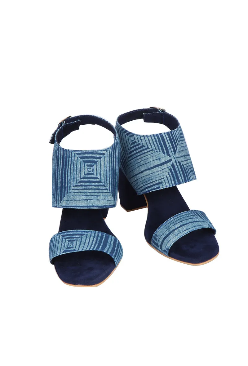 Blue Bagru Cotton Strappy Block Heels