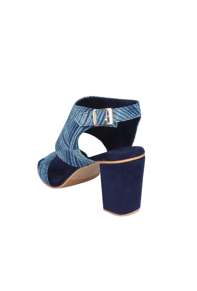 Blue Bagru Cotton Strappy Block Heels