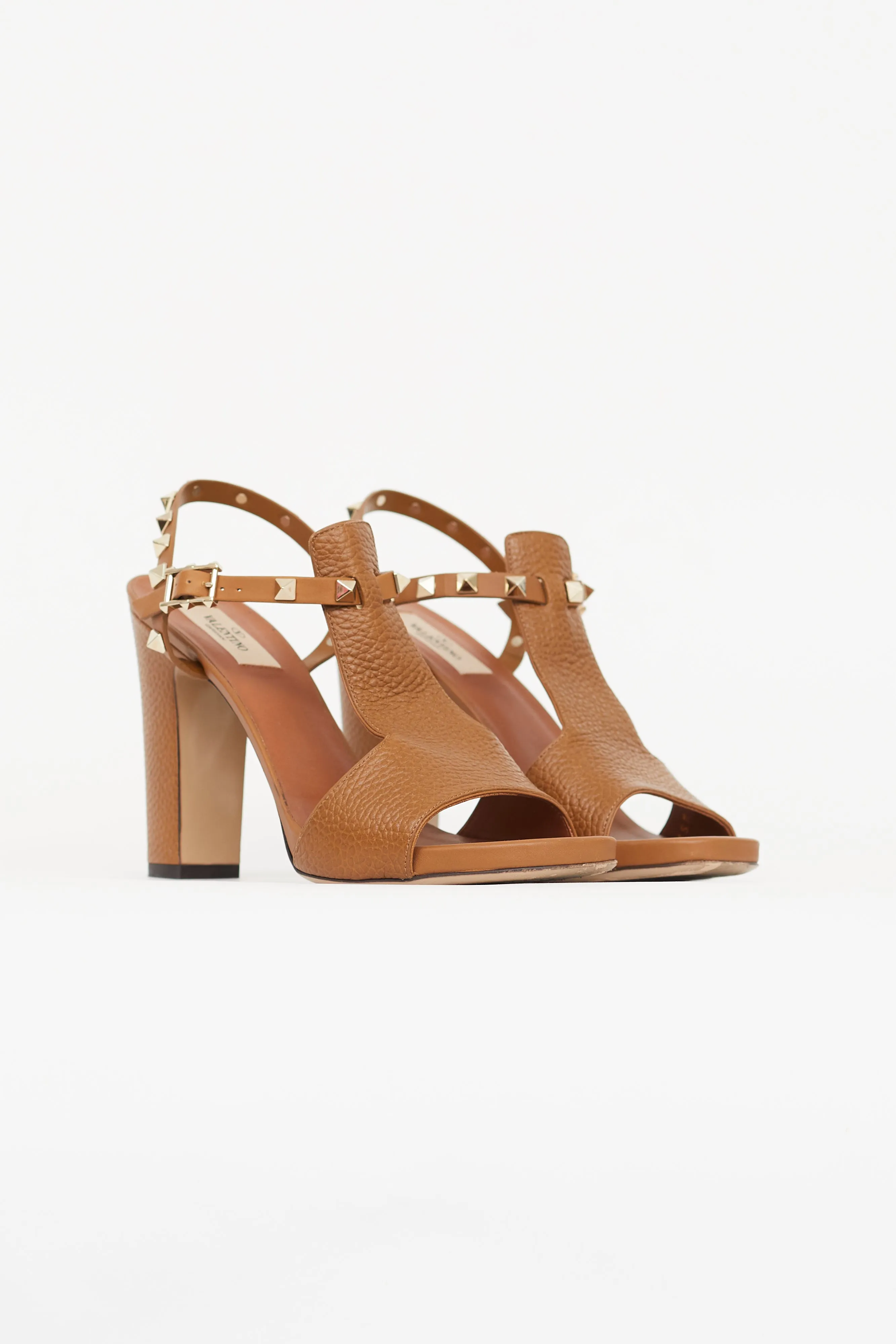 Brown Leather Rockstud Block Heel