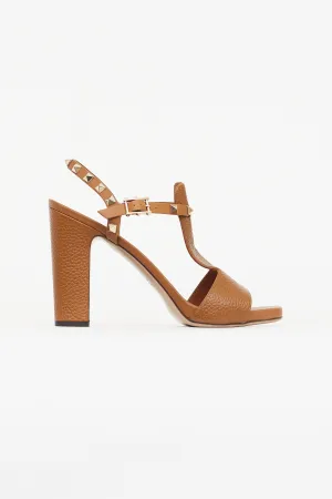 Brown Leather Rockstud Block Heel