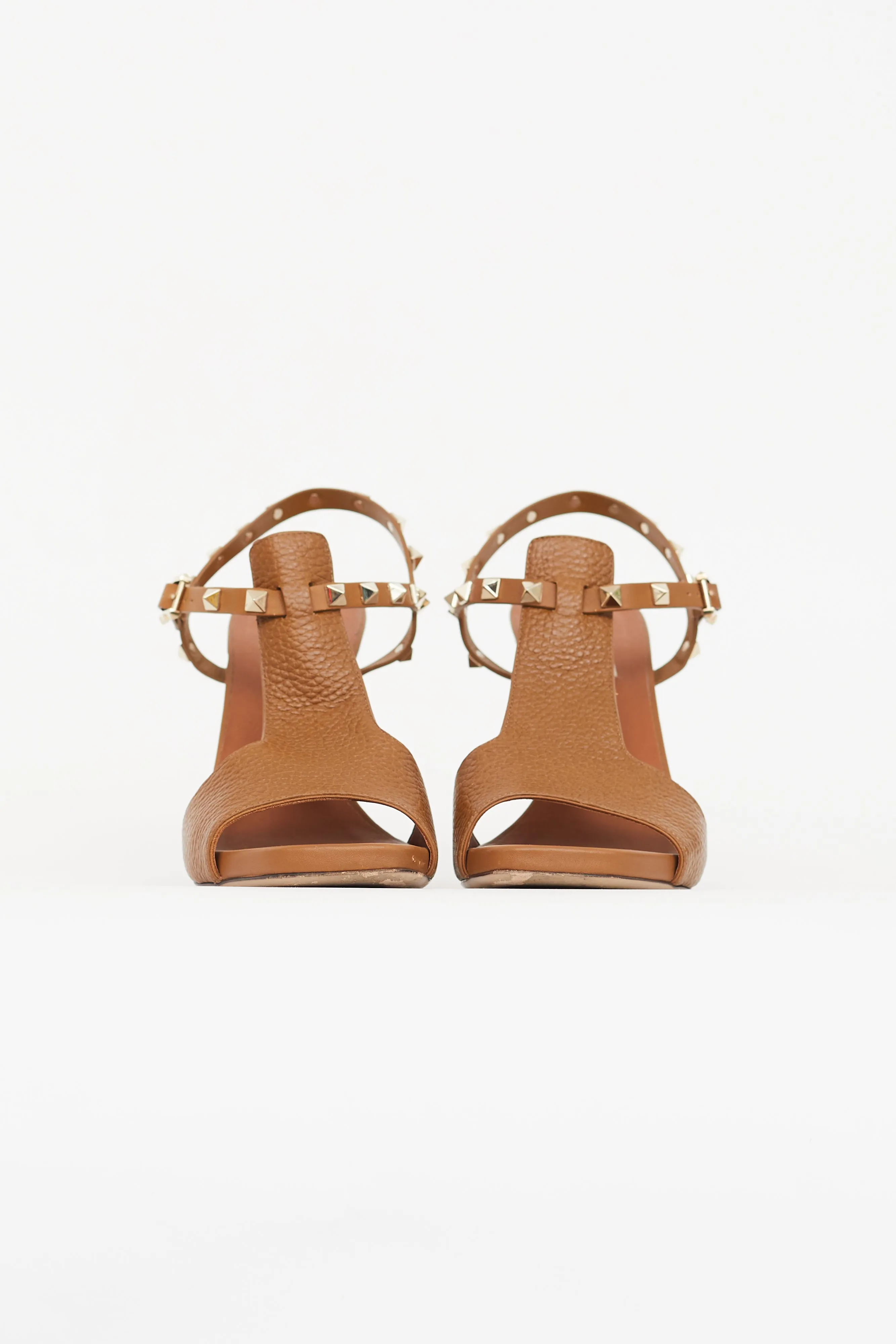 Brown Leather Rockstud Block Heel