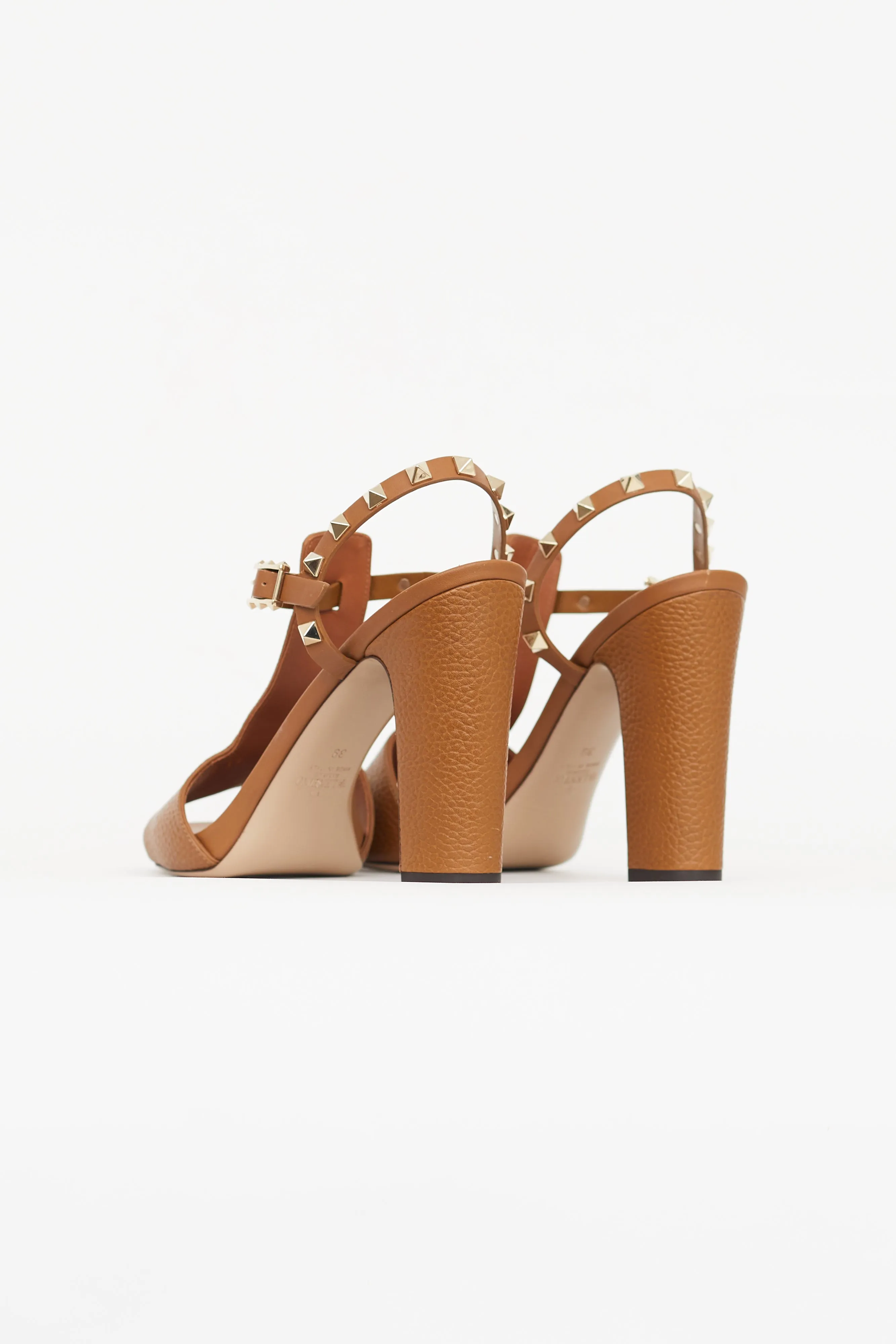 Brown Leather Rockstud Block Heel