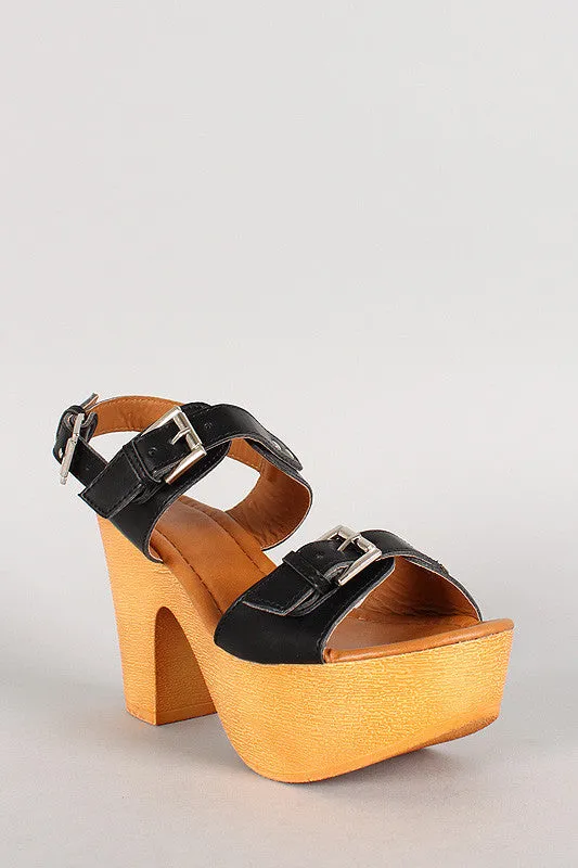 Buckle Open Toe Faux Wooden Platform Heel