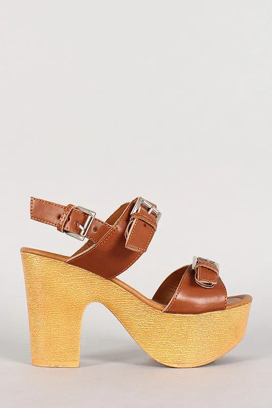 Buckle Open Toe Faux Wooden Platform Heel