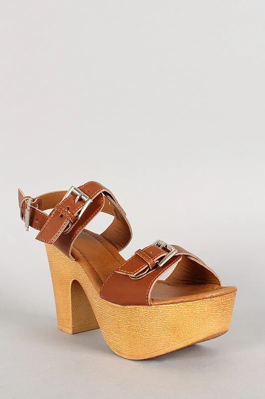 Buckle Open Toe Faux Wooden Platform Heel