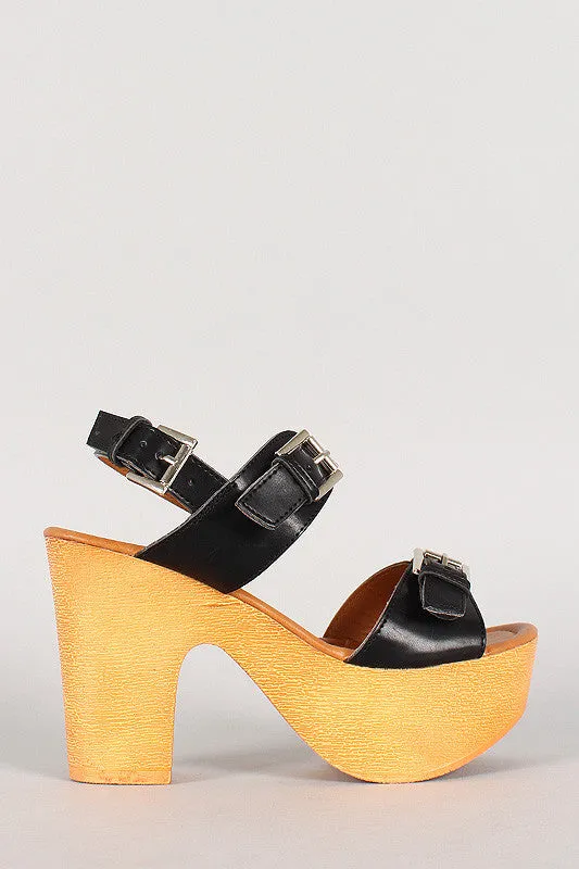 Buckle Open Toe Faux Wooden Platform Heel