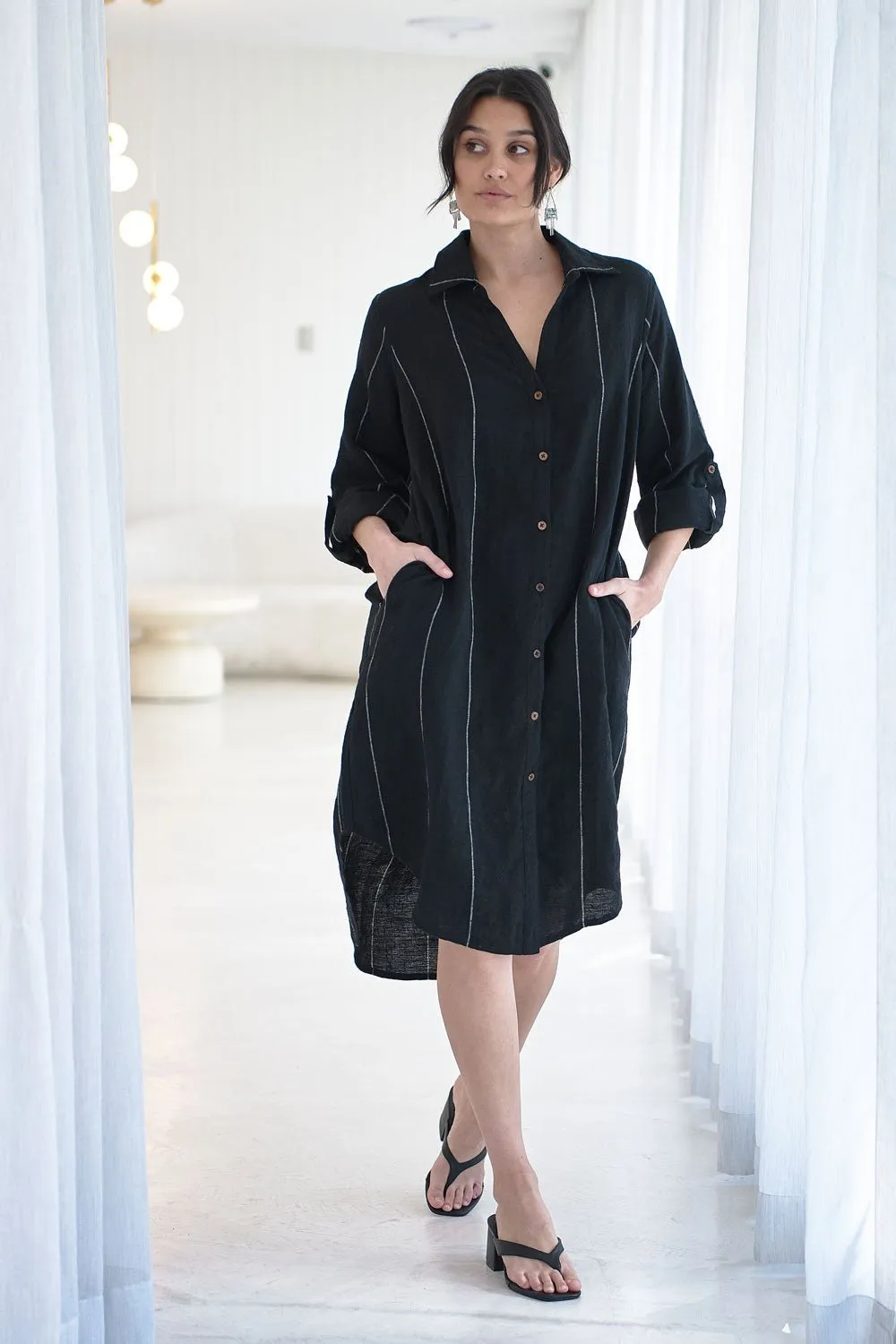 Carter Fundamental Linen Shirt Dress - Black w' White Fine Stripe