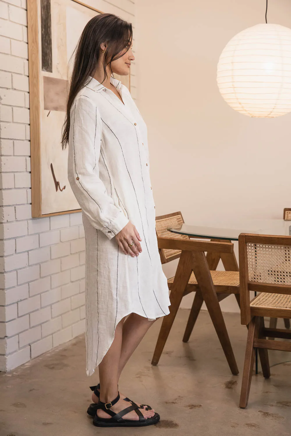 Carter Fundamental Linen Shirt Dress - Off White w' Charcoal Stripe