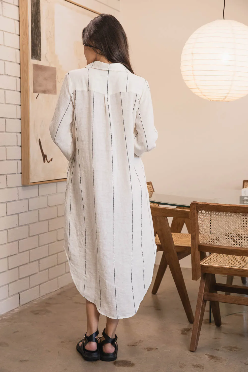 Carter Fundamental Linen Shirt Dress - Off White w' Charcoal Stripe