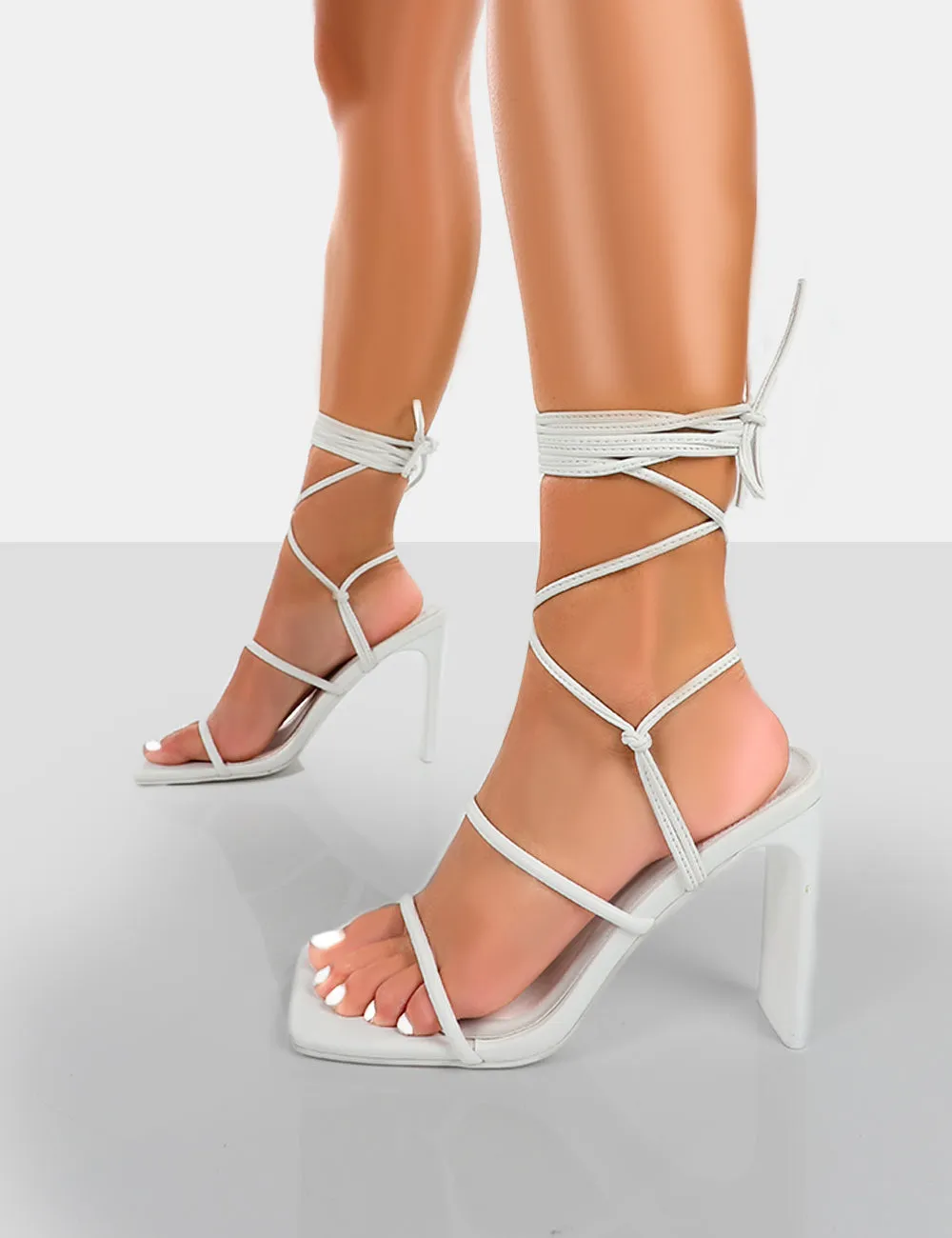 Chloe White Pu Strappy Square Toe Lace Up Heels