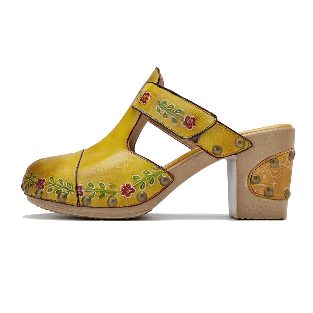 CrazycatZWomens Leather Clogs Sandals, Colorful Bohemian Mules Platform Block Heels Leather Clogs Shoes Green