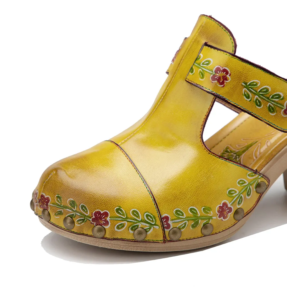 CrazycatZWomens Leather Clogs Sandals, Colorful Bohemian Mules Platform Block Heels Leather Clogs Shoes Green