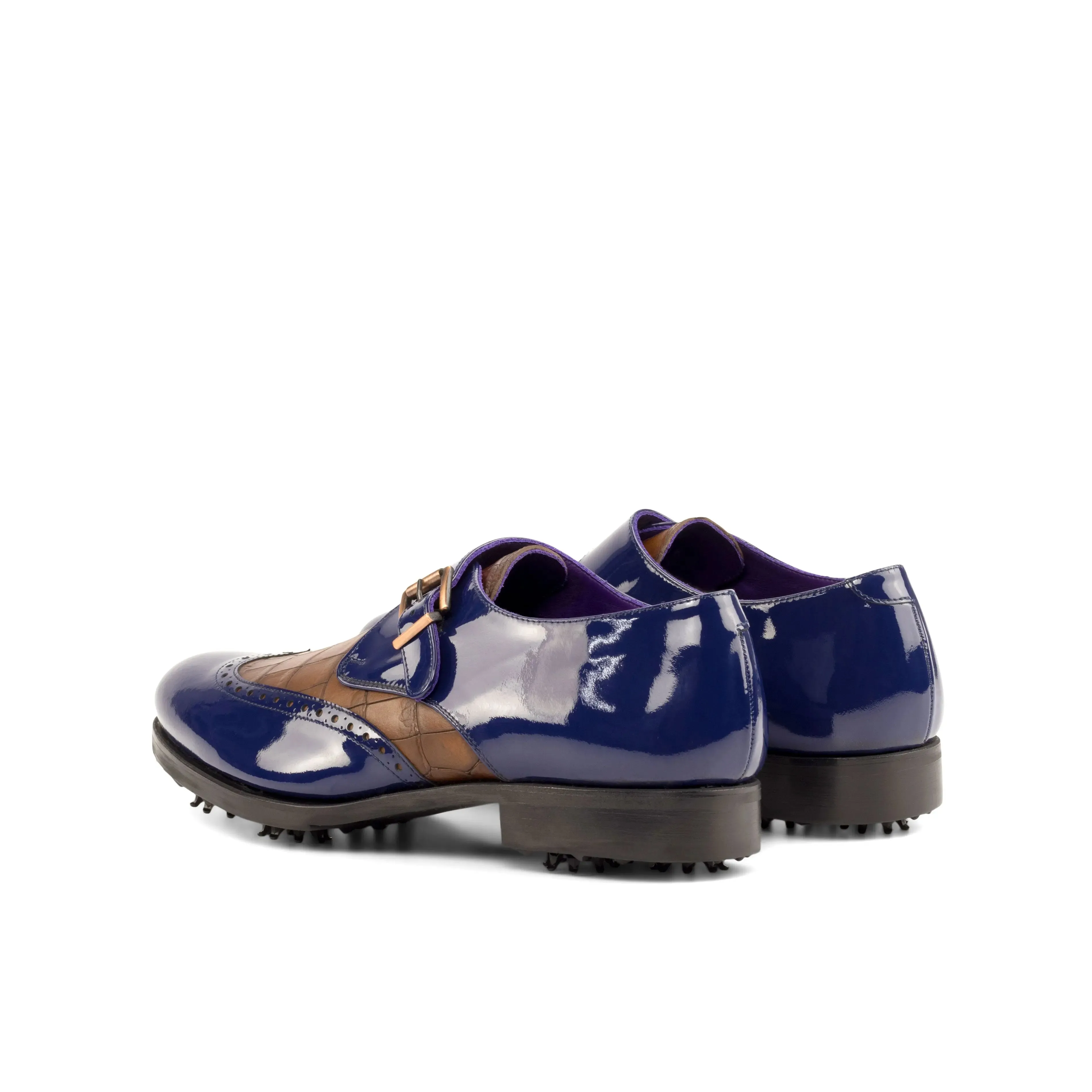 DapperFam Brenno Golf in Cobalt Blue / Med Brown Men's Italian Patent Leather & Italian Embossed Leather Single Monk