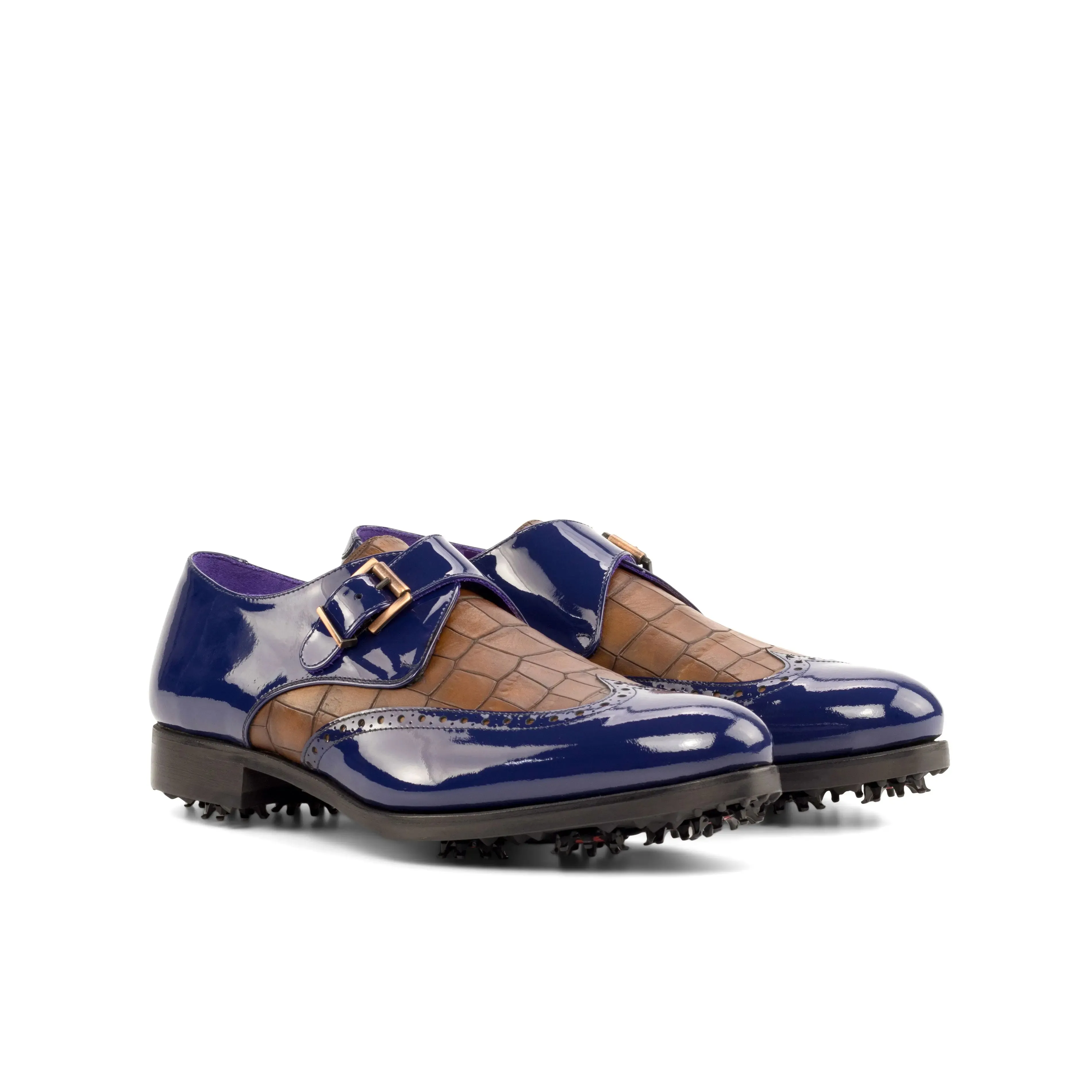 DapperFam Brenno Golf in Cobalt Blue / Med Brown Men's Italian Patent Leather & Italian Embossed Leather Single Monk