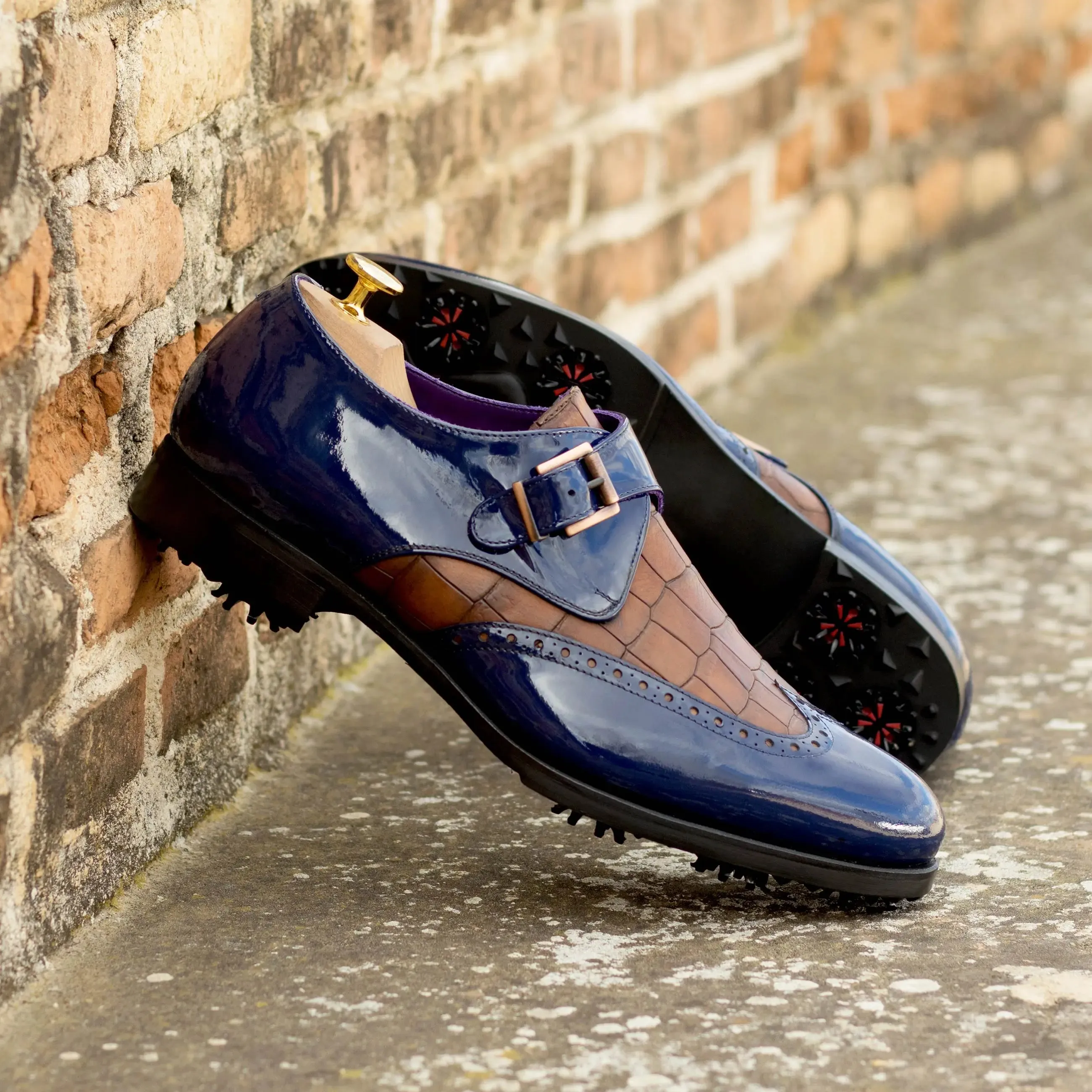 DapperFam Brenno Golf in Cobalt Blue / Med Brown Men's Italian Patent Leather & Italian Embossed Leather Single Monk