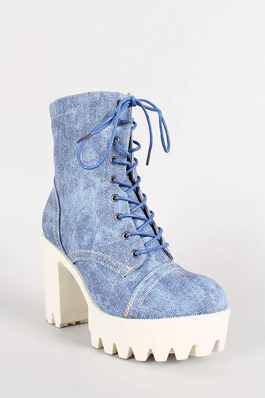 Denim Print Leatherette Lace Up Lug Sole Platform Boot