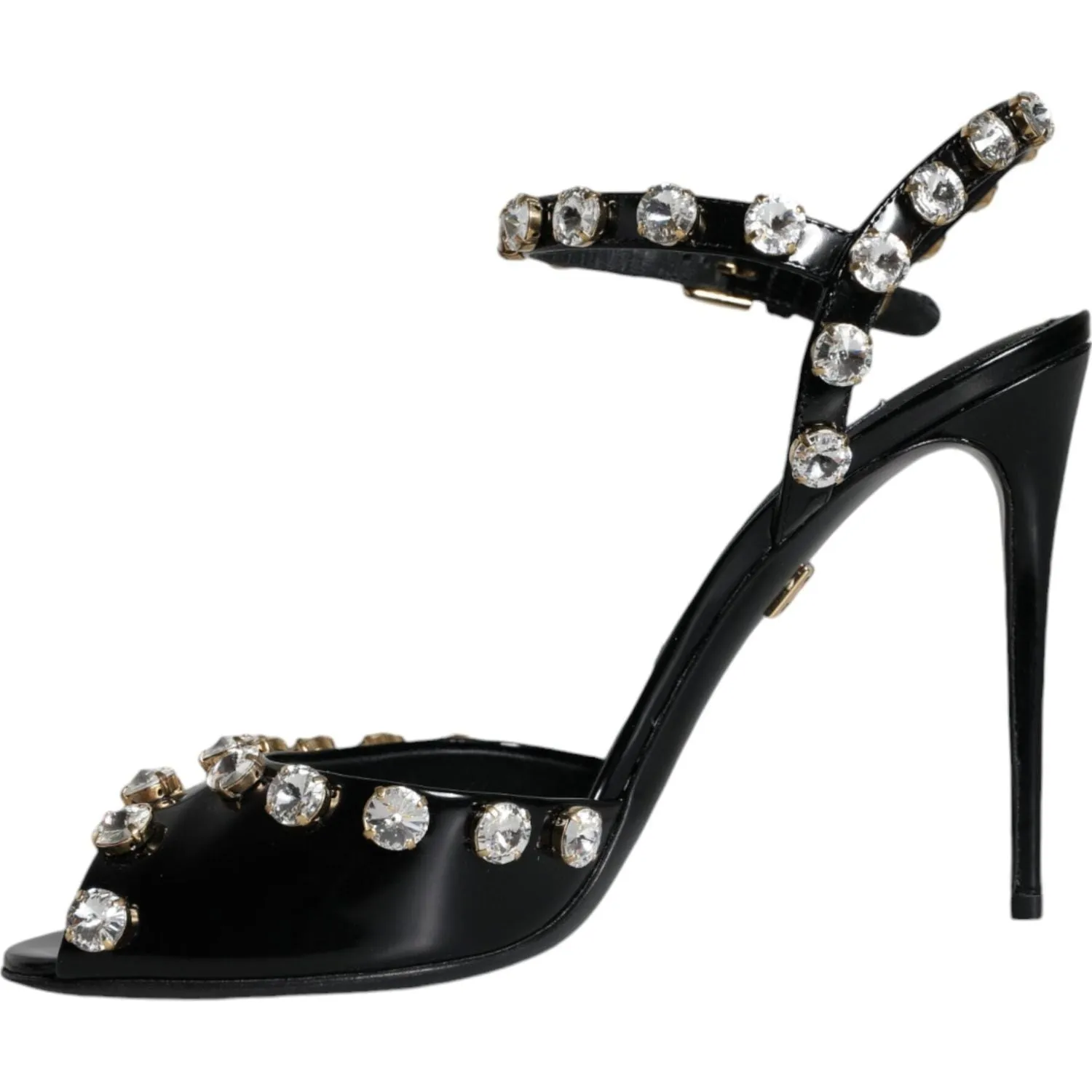 Dolce & Gabbana Black Leather Crystal Ankle Strap Sandals Shoes