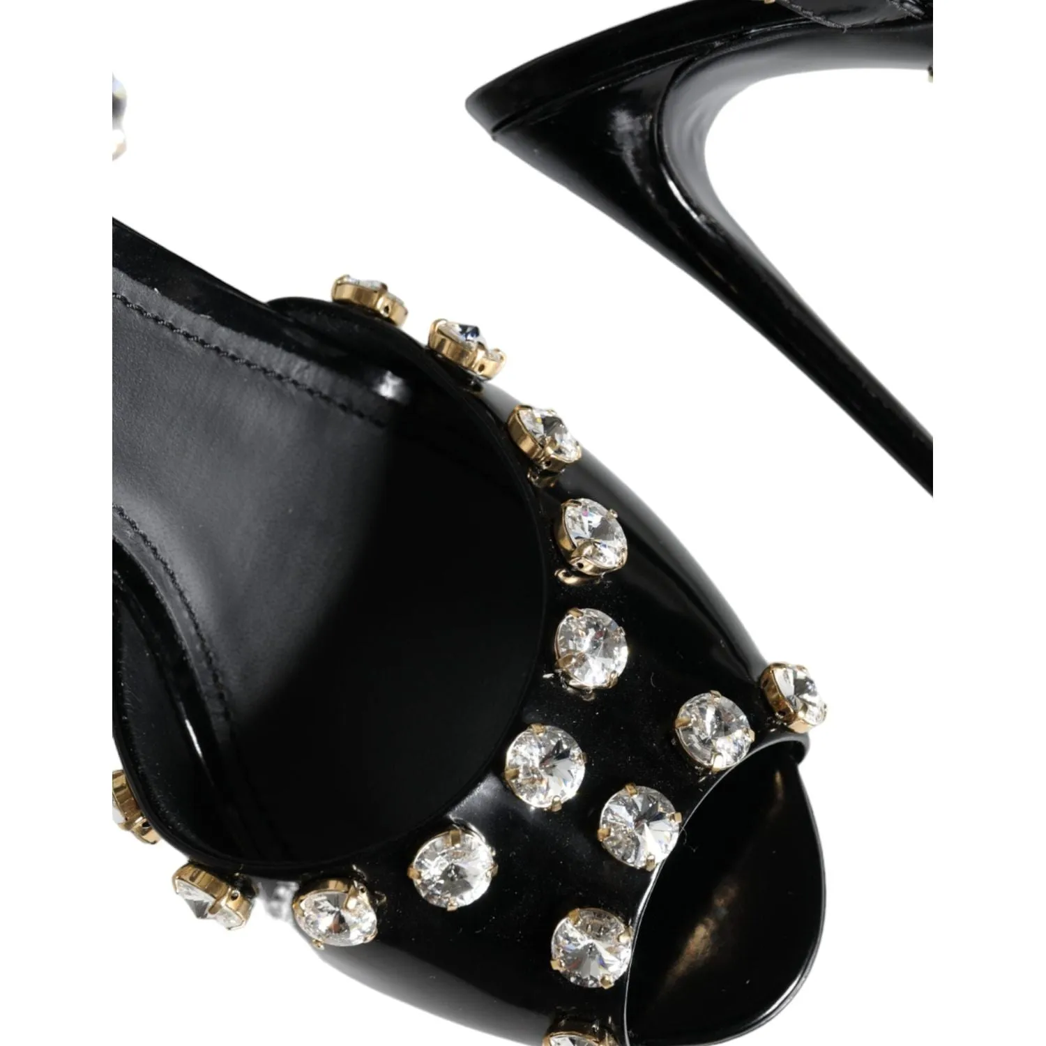 Dolce & Gabbana Black Leather Crystal Ankle Strap Sandals Shoes