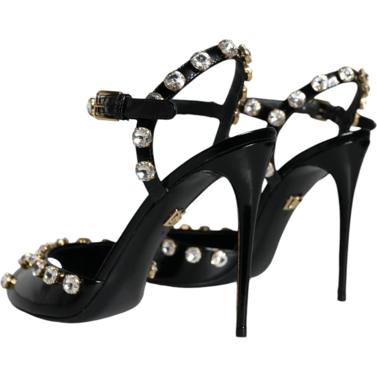 Dolce & Gabbana Black Leather Crystal Ankle Strap Sandals Shoes