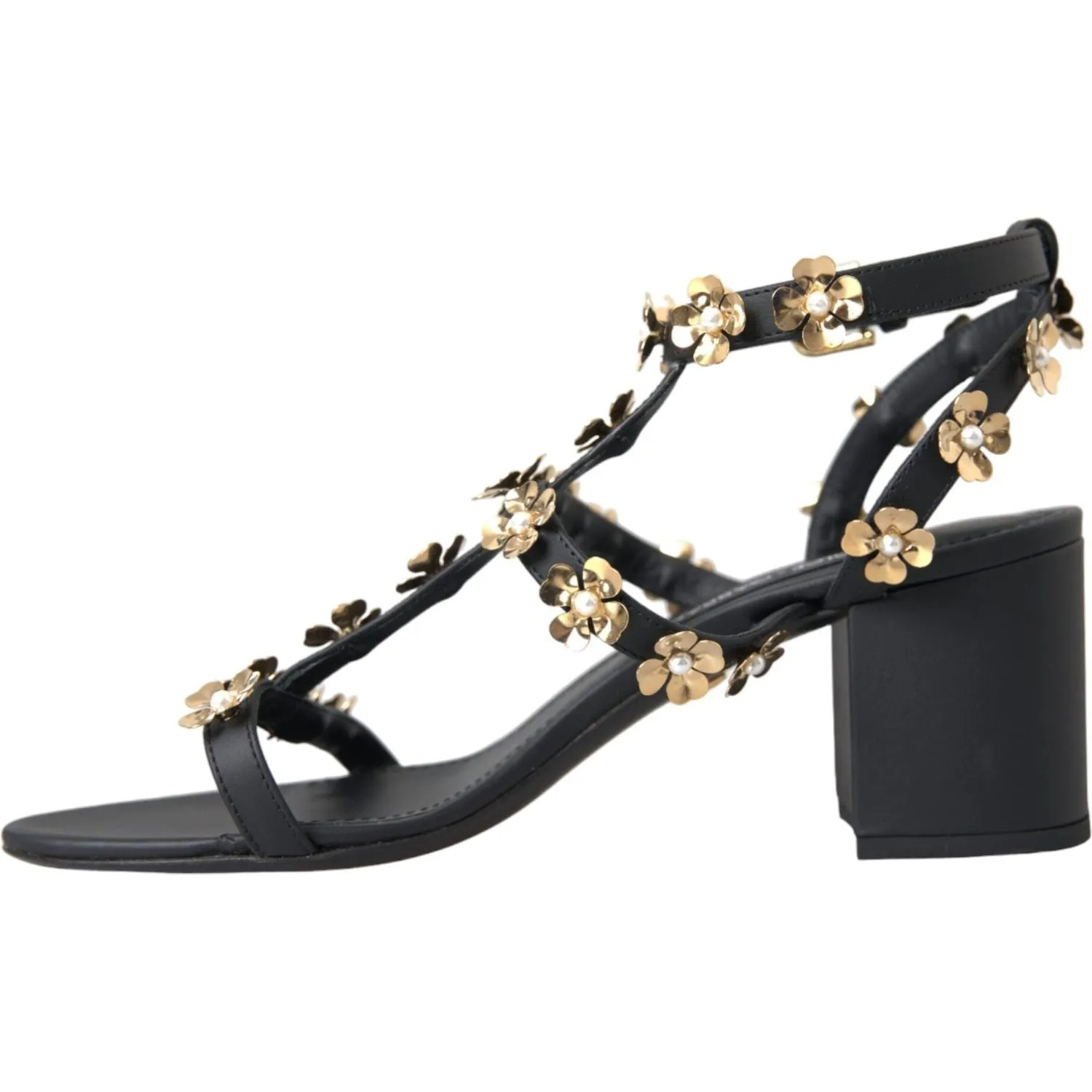 Dolce & Gabbana Black Leather Embellished Heel Sandal Shoes