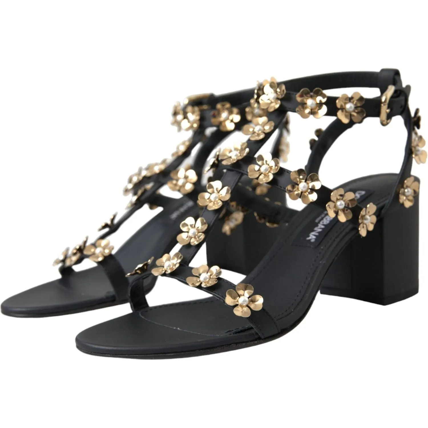 Dolce & Gabbana Black Leather Embellished Heel Sandal Shoes