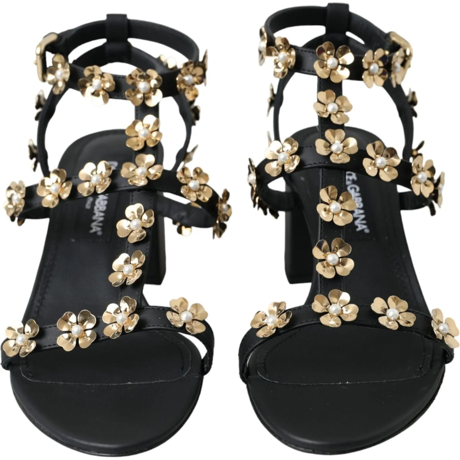 Dolce & Gabbana Black Leather Embellished Heel Sandal Shoes