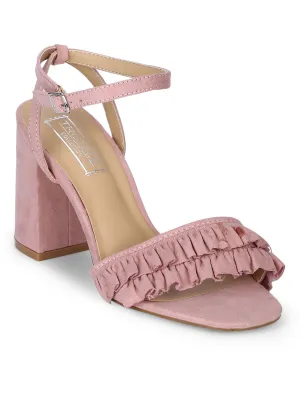 Dusty Pink Frilled Ankle Strap Block Heels