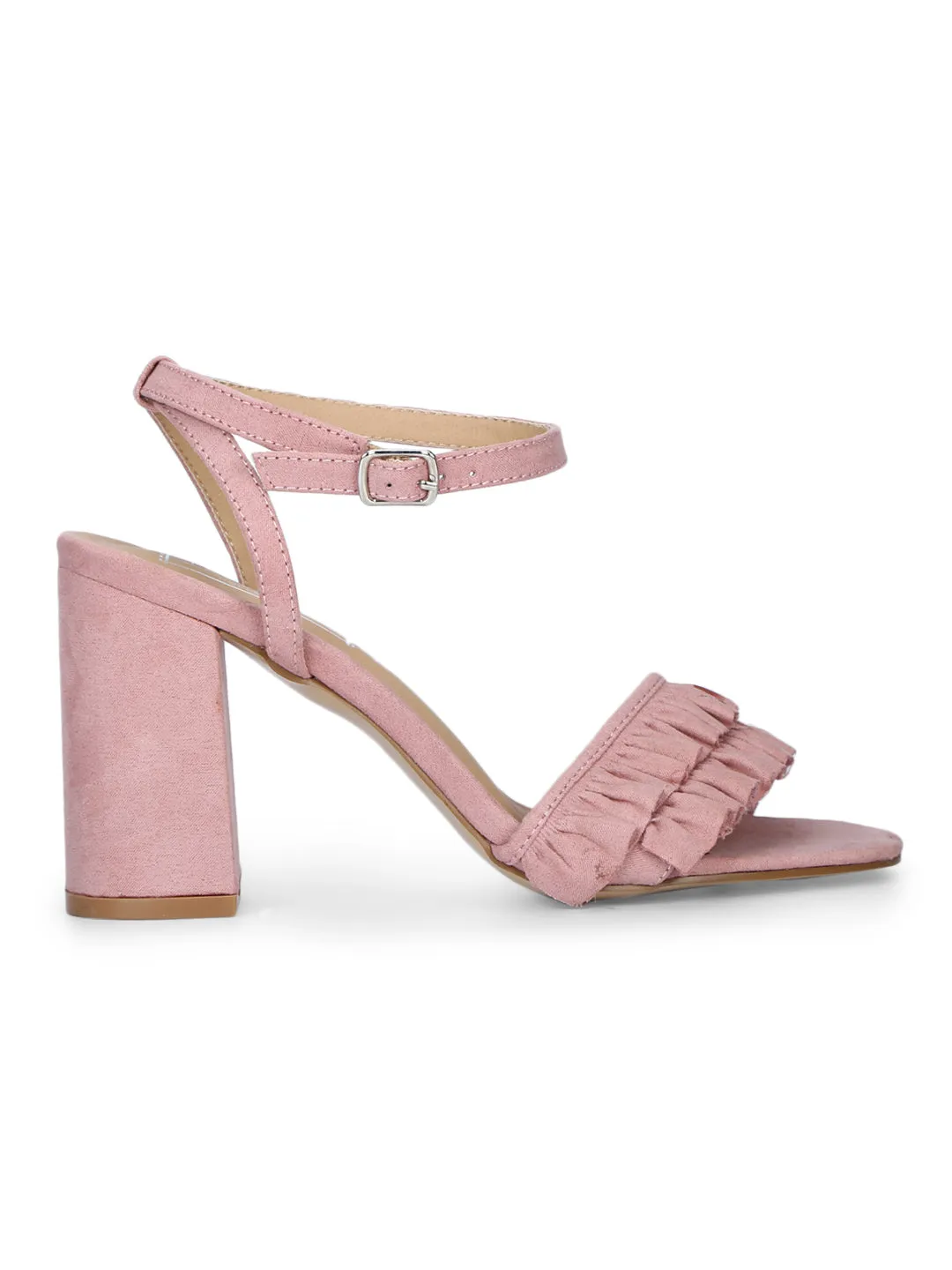 Dusty Pink Frilled Ankle Strap Block Heels