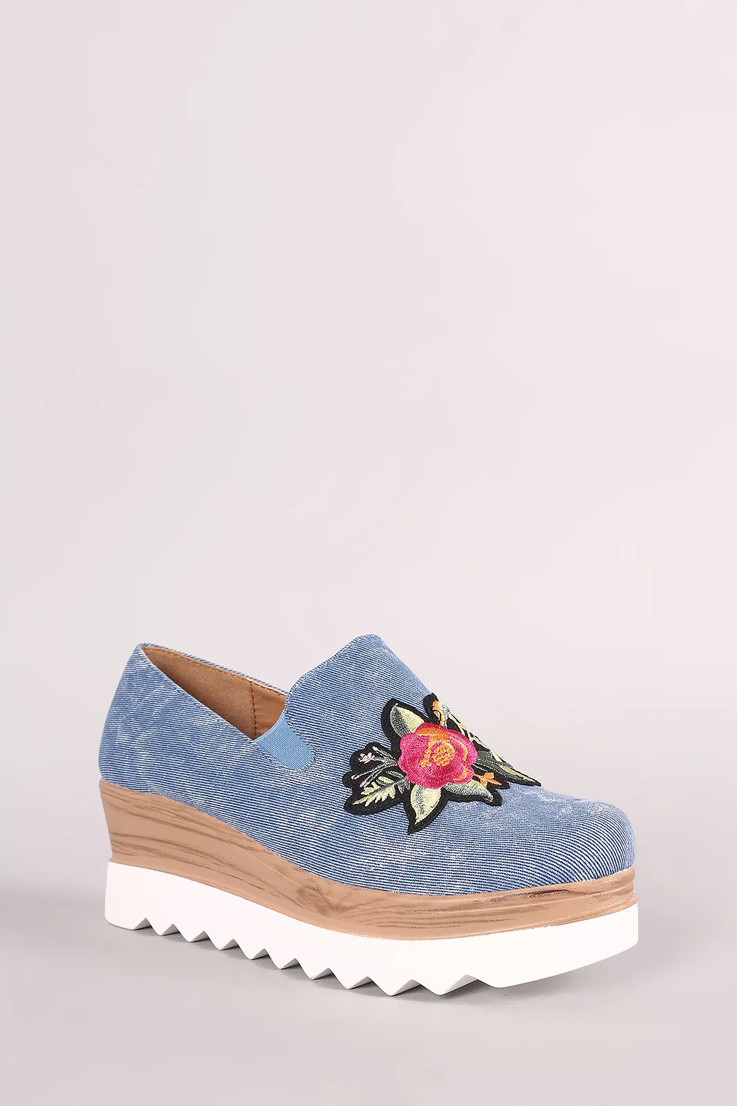 Embroidered Floral Denim Lug Sole Loafer Platform Wedge