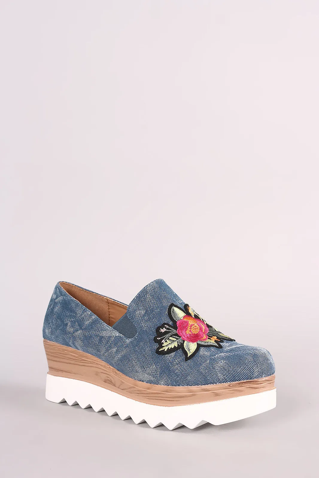 Embroidered Floral Denim Lug Sole Loafer Platform Wedge