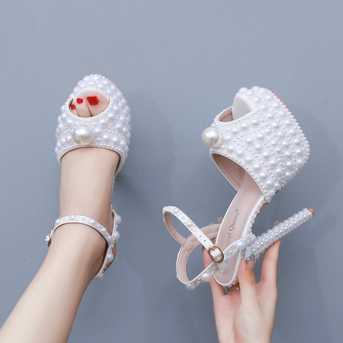 Fish Mouth High Heel Platform Pearl Sandals Wedding Shoes