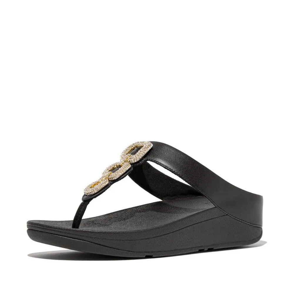 FitFlop Women's Fino Crystal-Chain Leather Toe-Post Sandals Wedge, Black