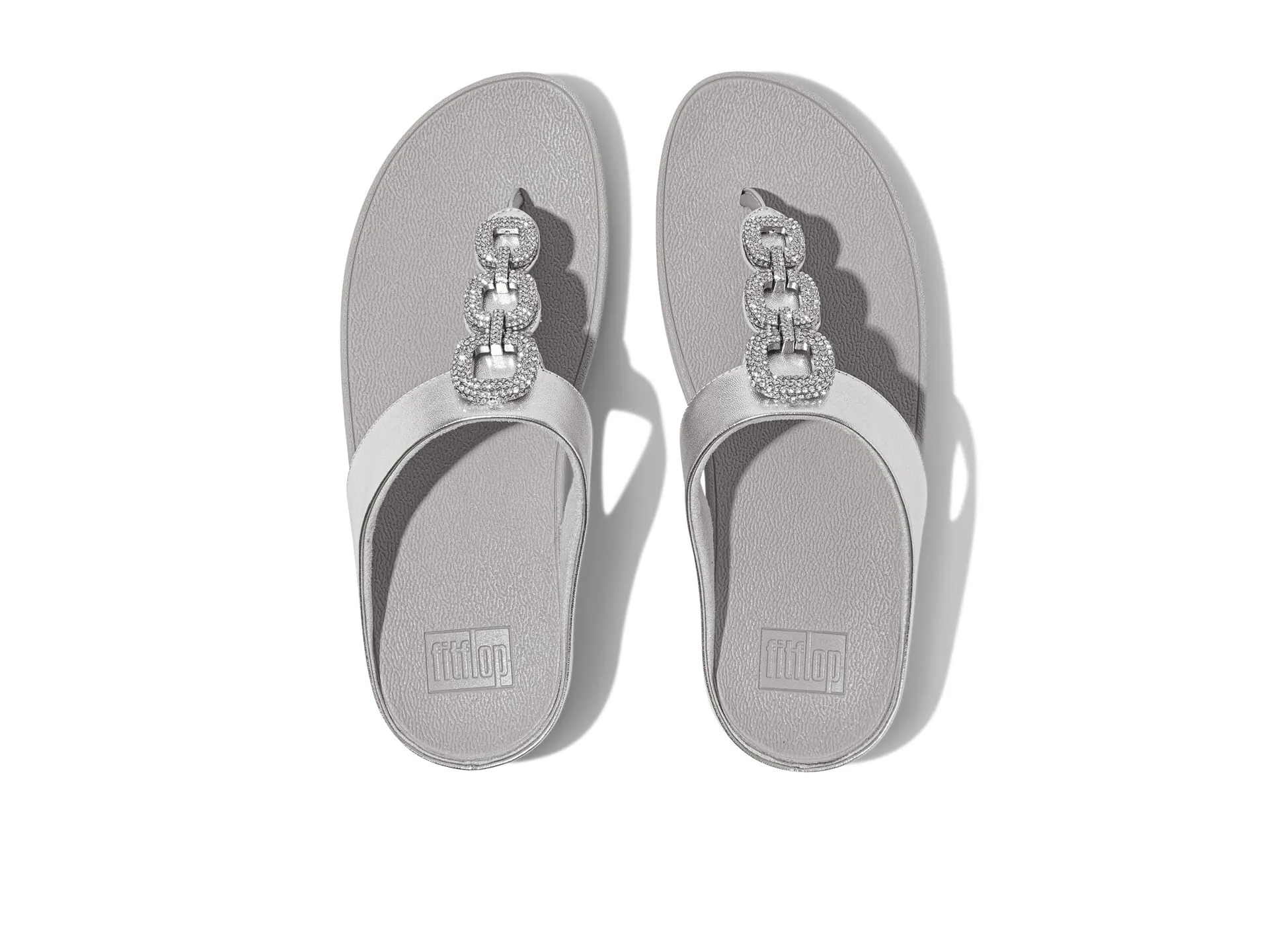 FitFlop Women's Fino Crystal-Chain Metallic-Leather Toe-Post Sandals Wedge, Silver