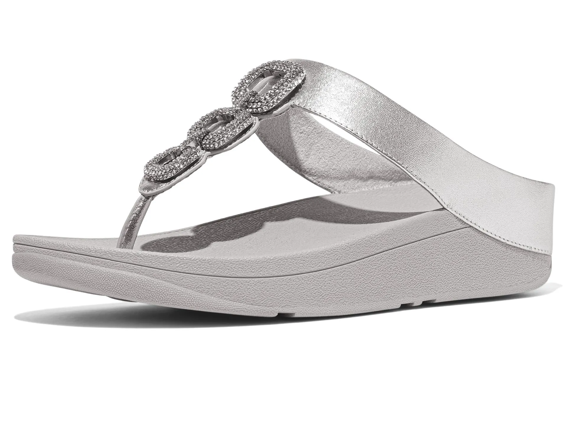 FitFlop Women's Fino Crystal-Chain Metallic-Leather Toe-Post Sandals Wedge, Silver