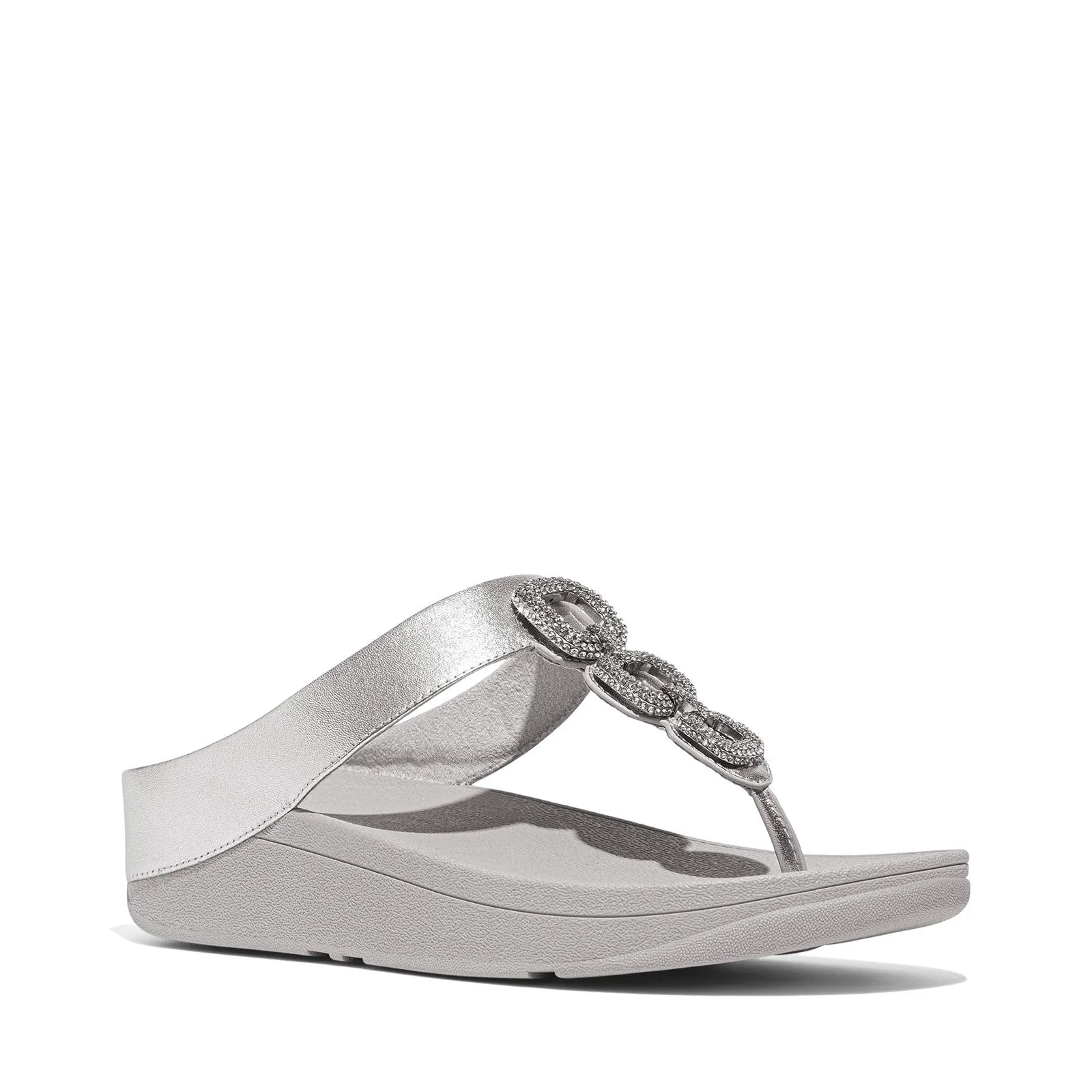 FitFlop Women's Fino Crystal-Chain Metallic-Leather Toe-Post Sandals Wedge, Silver