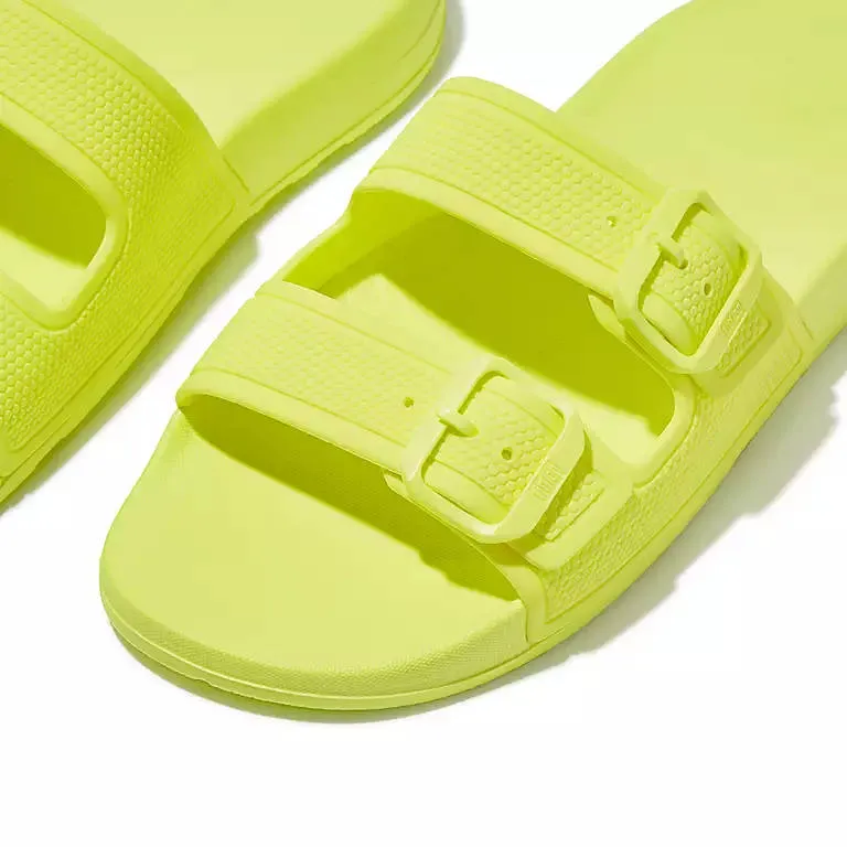 FitFlop Womens Iqushion Two-Bar Buckle Slides Electric Yellow