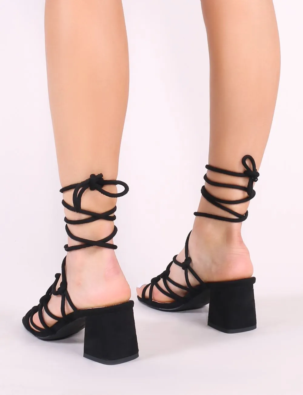 Freya Knotted Strappy Block Heeled Sandals in Black Faux Suede