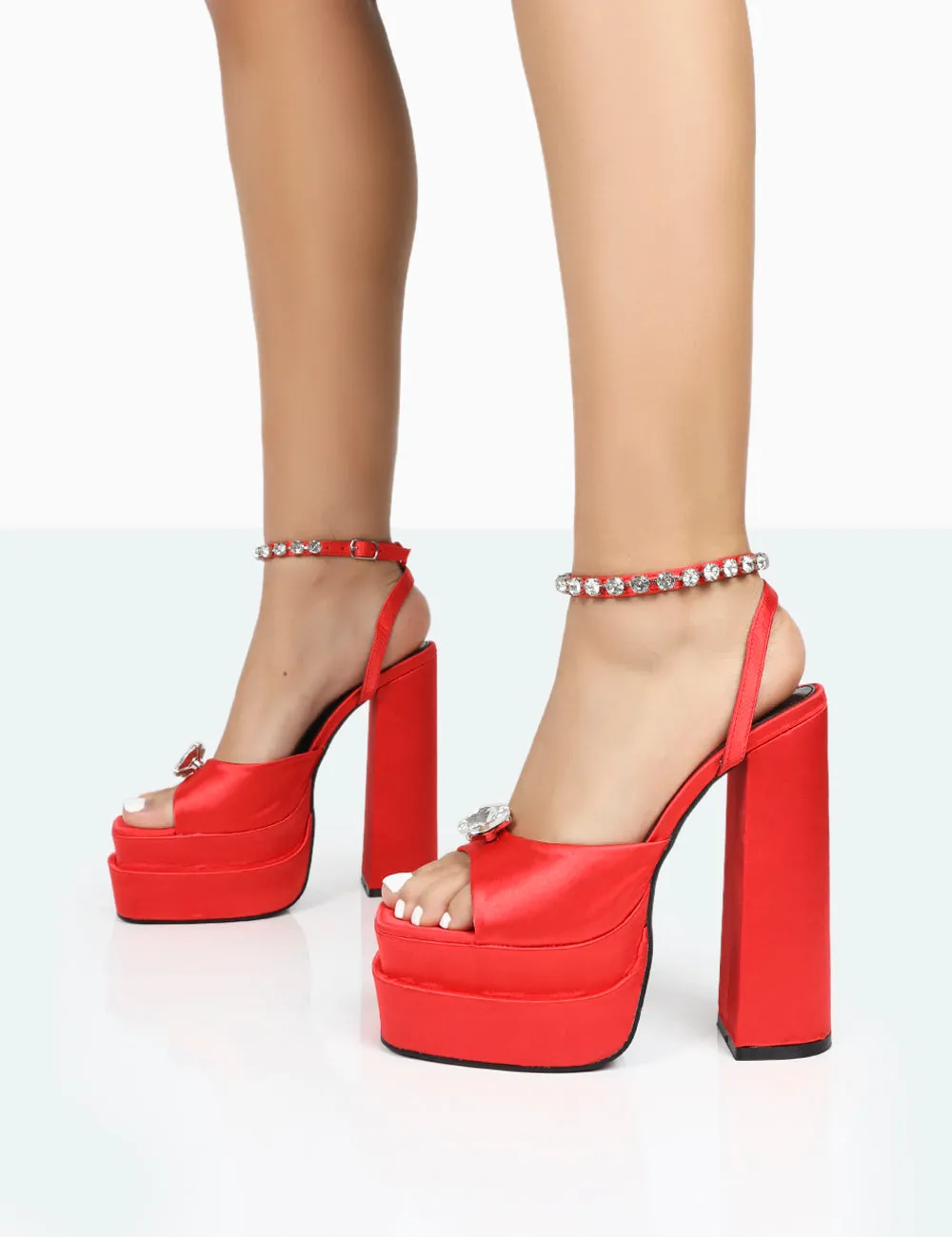 Frozen Red Satin Sparkly Diamante Strap Open Toe Block Platform Heels