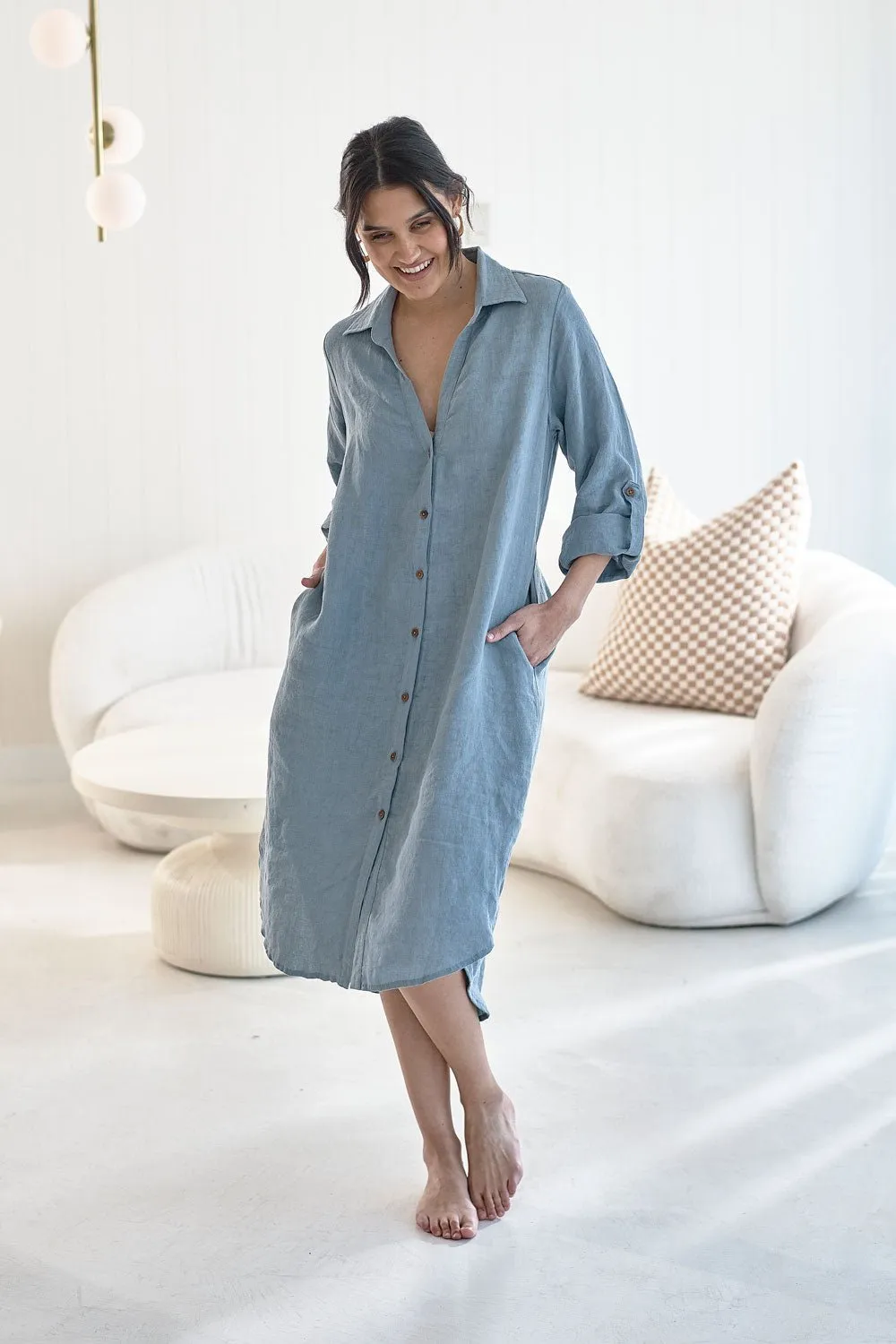 Fundamental Linen Shirt Dress - Blue