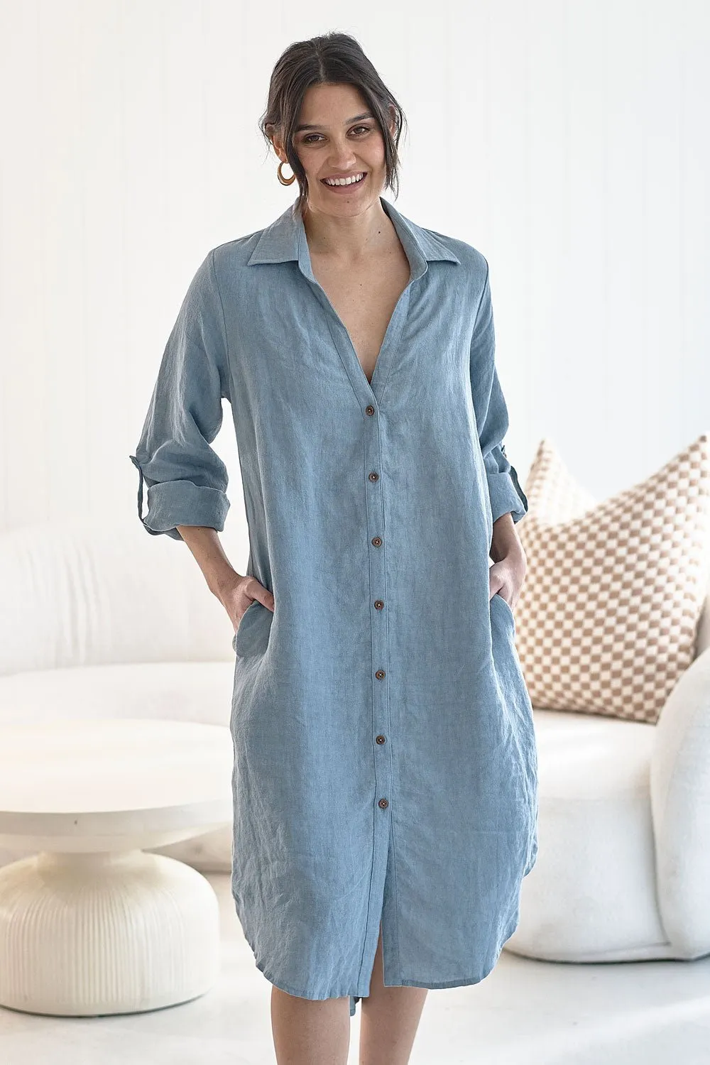 Fundamental Linen Shirt Dress - Blue