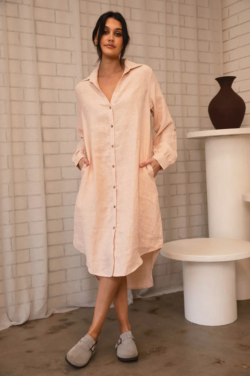 Fundamental Linen Shirt Dress - Blush