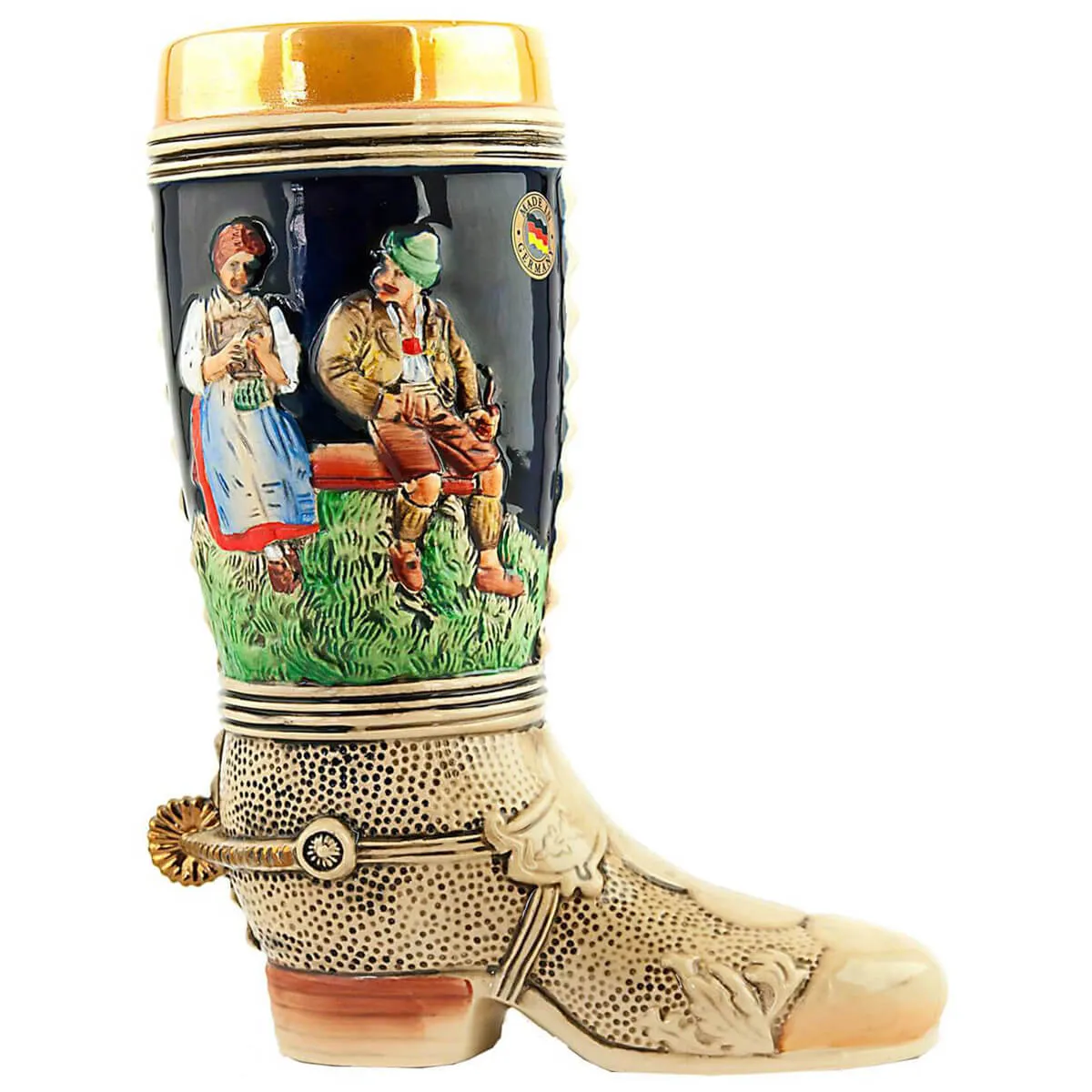 German Beer Stein - Beer Boot in Ivory & Cobalt 1L