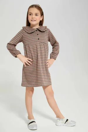 Girls Beige Checked Dress